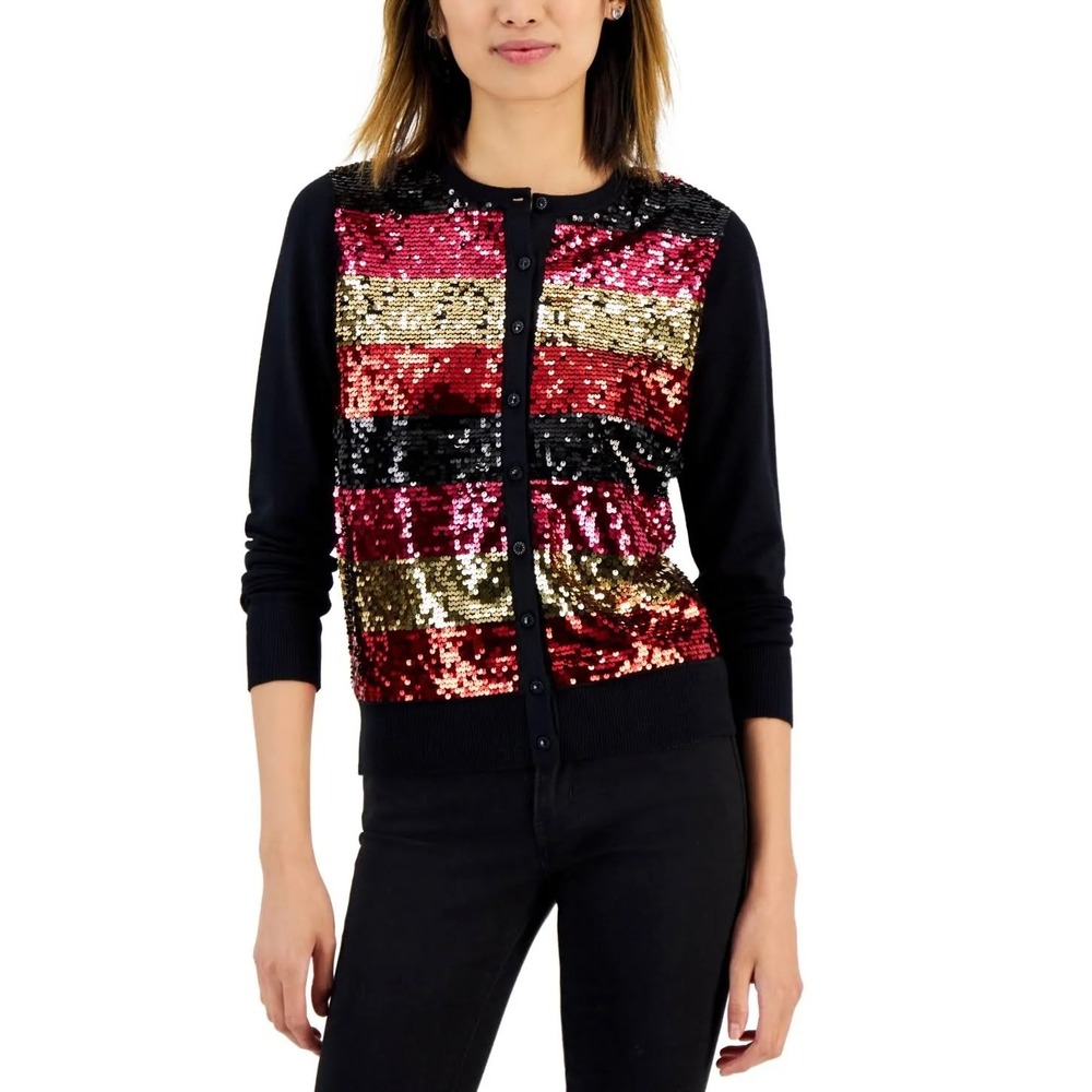 Charter Club Sequin Striped Cardigan XXL Deep Black Red‎ Gold Party Sparkle